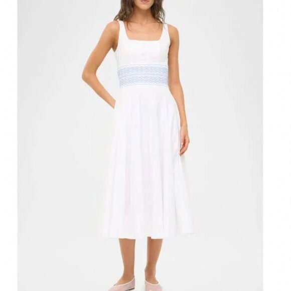 NWT STAUD Rig Embroidered Midi Dress - White Blue Cotton Cocktail - Picture 2 of 10